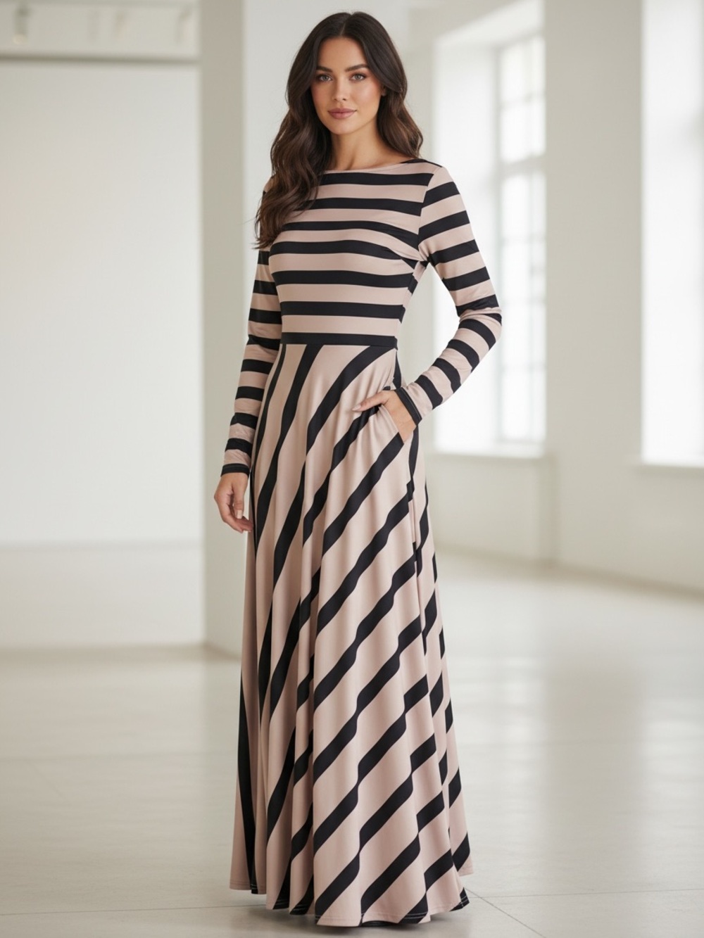 Black & Light Taupe Striped Long Sleeve Maxi Dress | Small